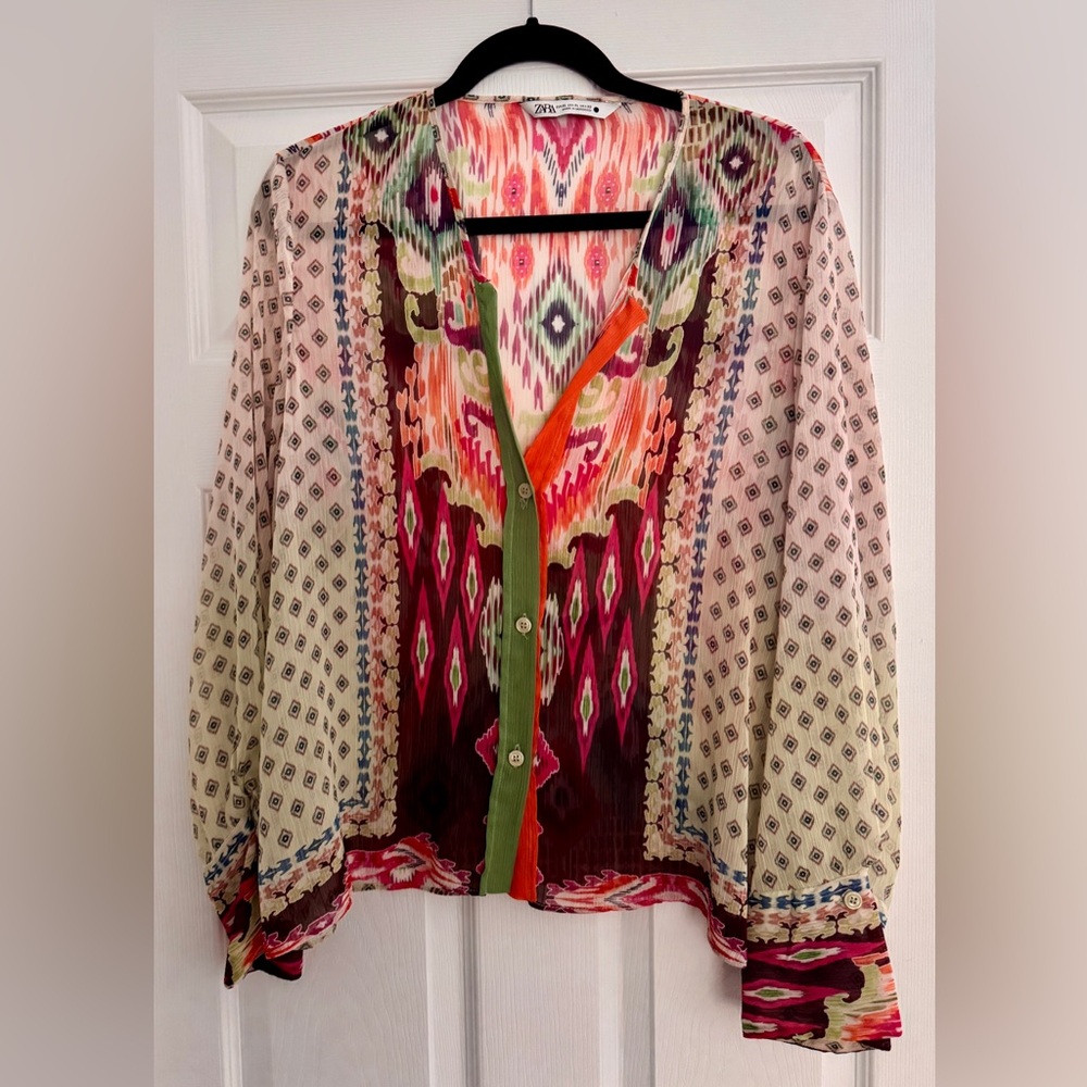 Zara Sheer Multicolor Patterned Blouse, size XL